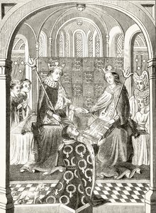 VI. Henrik angol király és hitvese, Anjou Margit az udvarukban William Hickman Smith Aubrey (1858-1916) „Anglia nemzeti és hazai története” című könyvéből, London, 18 körül. alkotó: English School